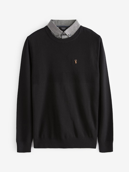 Black Textured Crew Neck Mock Shirt Jumper (U16321) | €16