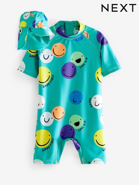 Blue Smile Face Sunsafe 2pc Swimsuit & Hat (3mths-7yrs) (U17914) | €10 - €12.50