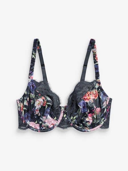 Black Floral Print DD+ Non Pad Balcony Satin & Lace Bra (U18729) | €19