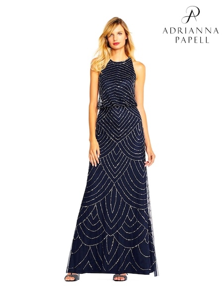 Синий - Adrianna Papell Beaded Halter Gown (U20429) | €305