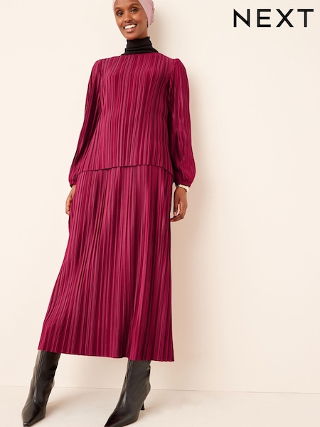 Raspberry Pink Satin Plissé Layered Longline Dress (U22448) | €32