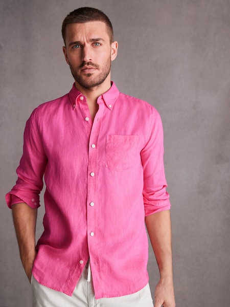 Pink Standard Collar Signature 100% Linen Long Sleeve Shirt (U22822) | €13
