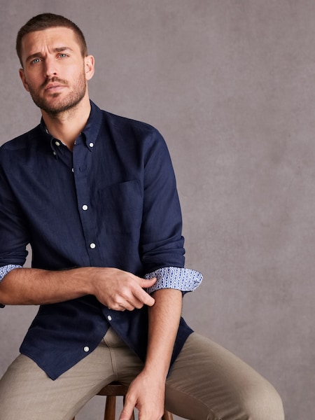 Navy Blue Signature 100% Linen Long Sleeve Oxford Shirt (U22830) | €25