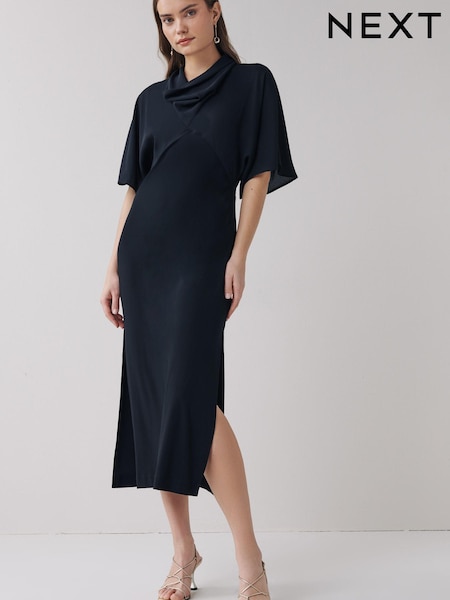 Черный - Cowl Neck Short Sleeve Midi Dress (U22915) | €17