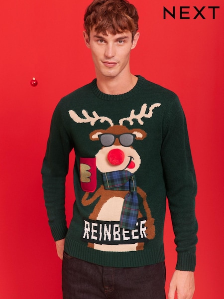 Green Reindeer Beer Pocket Crew Neck Knitted Christmas Jumper (U24217) | €21