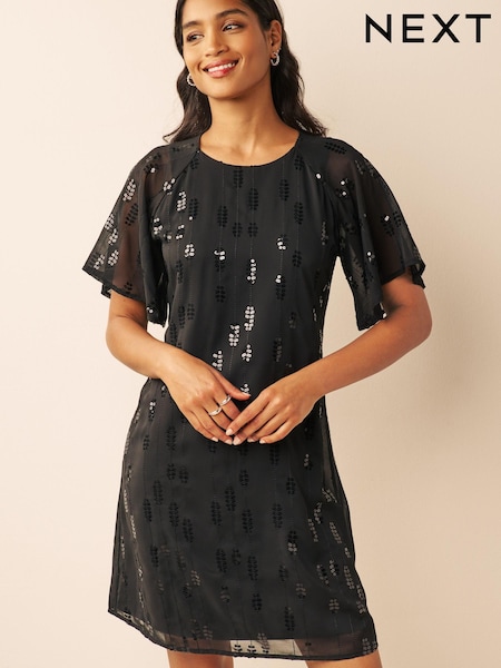 Черный - Sequin Embellished Short Sleeve Shift Dress (U24918) | €14
