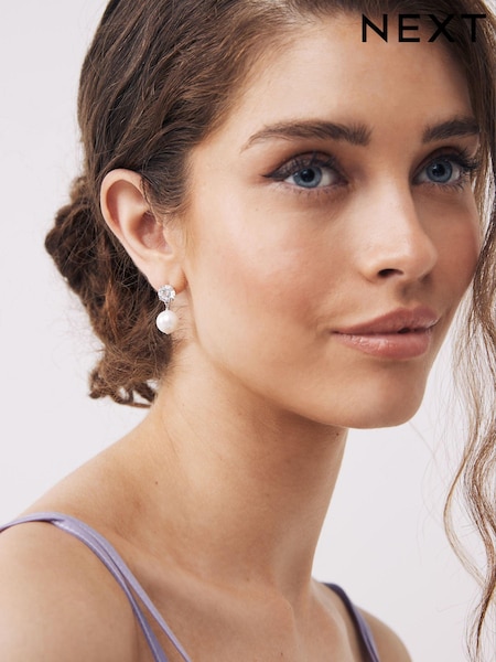 Sterling Silver Pearl Effect Drop Stud Earrings (U25135) | €27