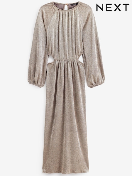 Gold - Long Sleeve Cut-Out Metallic Midi Dress (U25715) | 24 €
