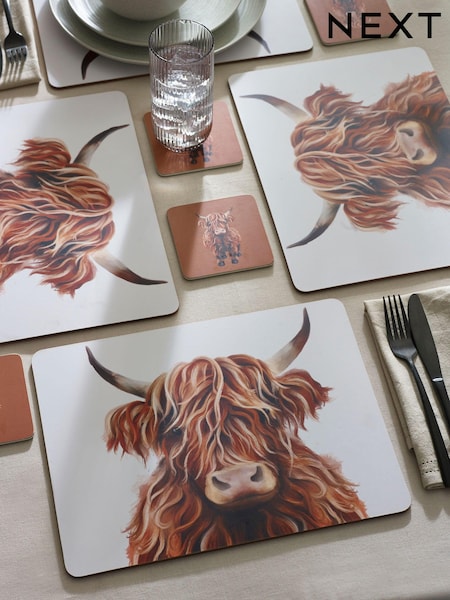 Set of 4 Natural Hamish the Highland Cow Corkback Placemats and Coasters (U25909) | €20