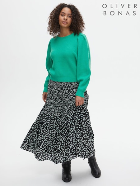 Oliver Bonas Dotty Ditsy Floral Print Black Tiered Midi Skirt (U26811) | €35