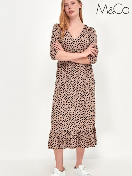 M&Co Brown Spot Print V Neck Midi Dress (U27052) | €18