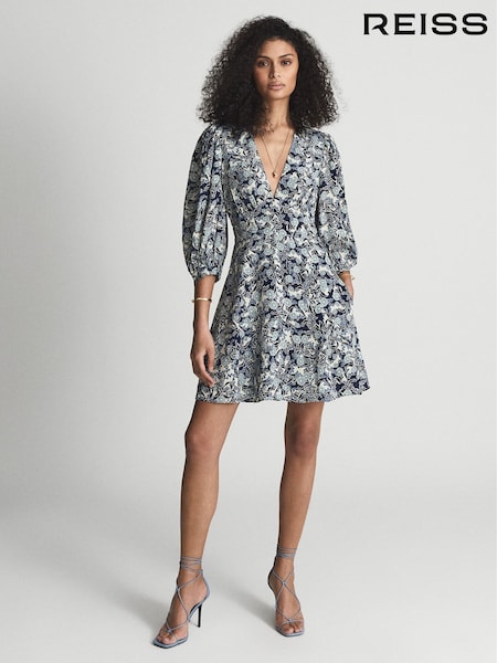 Reiss Blue Print Daisy Puff Sleeve Print Mini Dress (U27624) | €225