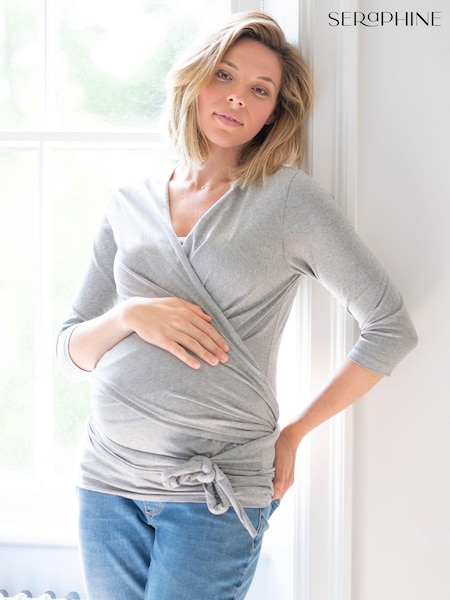 Seraphine Grey Maternity Cotton ¾ Sleeve Skin to Skin Top (U28051) | 204 LEI