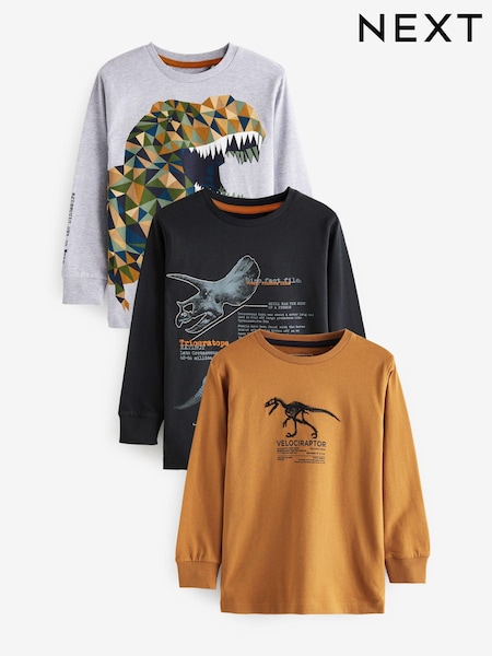 Rumenorjava/mornarsko modra z dinozavrom - Long Sleeve Graphic 100% Cotton T-Shirts 3 Pack (3-14yrs) (U29620) | € 24 - € 30