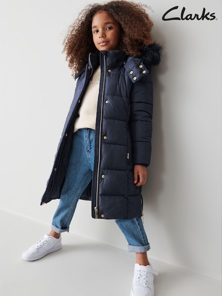 Clarks Navy Blue Girls Longline Puffer Coat (U30887) | AED218 - AED224