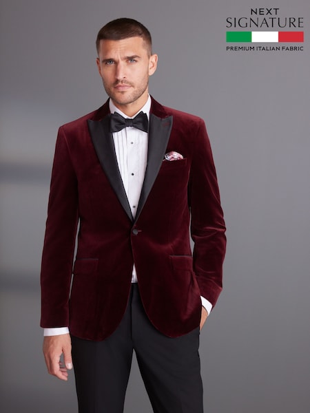 Burgundy Red Slim Fit Signature Pontoglio Italian Fabric Velvet Blazer (U31766) | €203