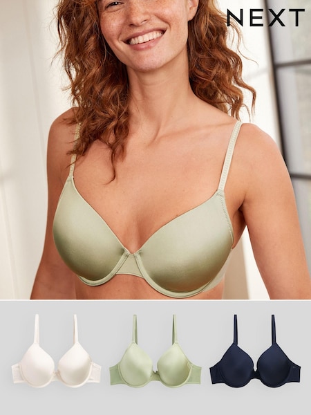 Green/Navy Blue/Cream Pad Full Cup Microfibre Smoothing T-Shirt Bras 3 Pack (U32506) | €9