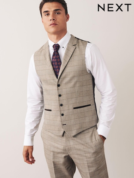 Taupe Brown Trimmed Check Suit: Waistcoat (U35256) | €21