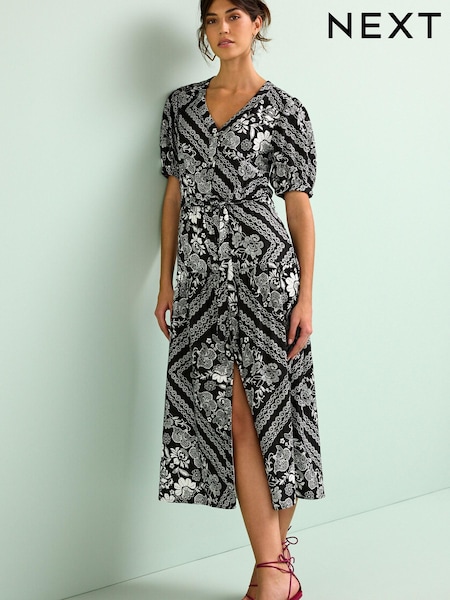 Черный/белый - Linen Blend Button Down Midi Dress (U35318) | €27