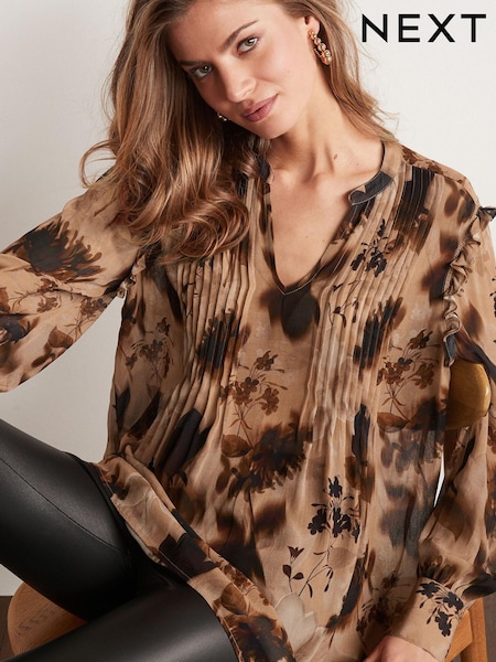 Rose Pink Print Longline Ruffle Pintuck Blouse (U35992) | €25.50