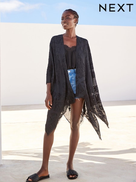 Schwarz - Sheer Textured Kimono (U37084) | 17 €