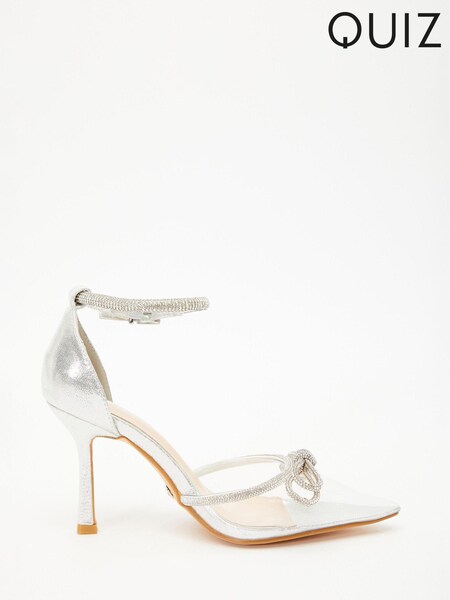 Quiz Metallic Clear Diamante Bow Court Heels (U37208) | €13