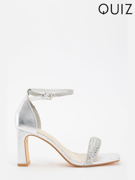 Quiz Silver PU Diamante Strap Heel Sandals (U37209) | €11