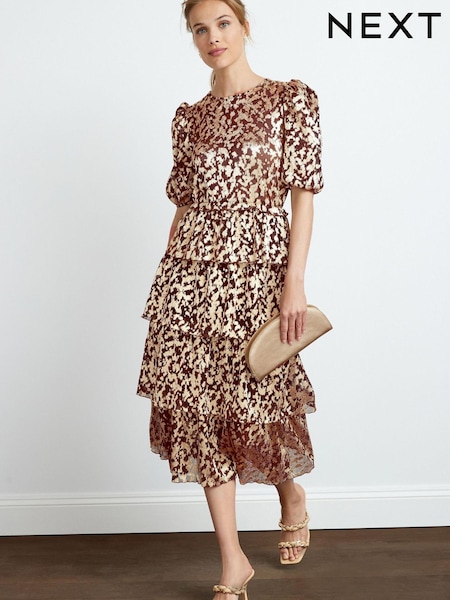 Brown Foil Print Plissé Tiered Short Sleeve Midi Dress (U39005) | €26