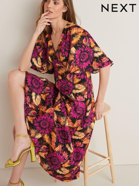 Черный/розовый с цветочным принтом - Flutter Sleeve Midi Dress (U39186) | €29