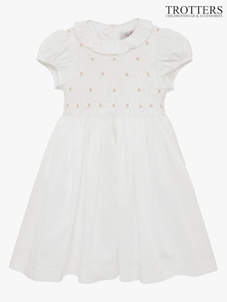Trotters London Willow 100% Cotton Rose Hand Smocked White Dress (U39341) | €106 - €125