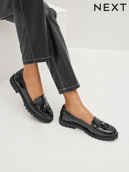 Black Patent Standard/Wide Fit Forever Comfort® Tassel Detail Cleated Chunky Loafer Shoes (U39833) | €20