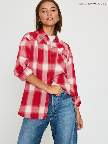 أحمر - Anthropologie Cotton Long Sleeve Check Shirt
