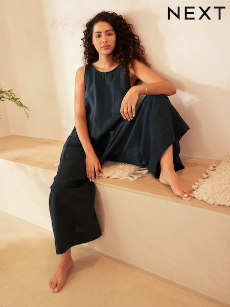 Navy Linen Blend Wide Leg Jumpsuit (U40687) | €27