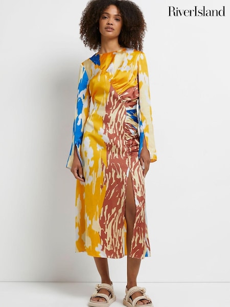 River Island Orange Ss Print Ruched Midi Dress (U40753) | €27