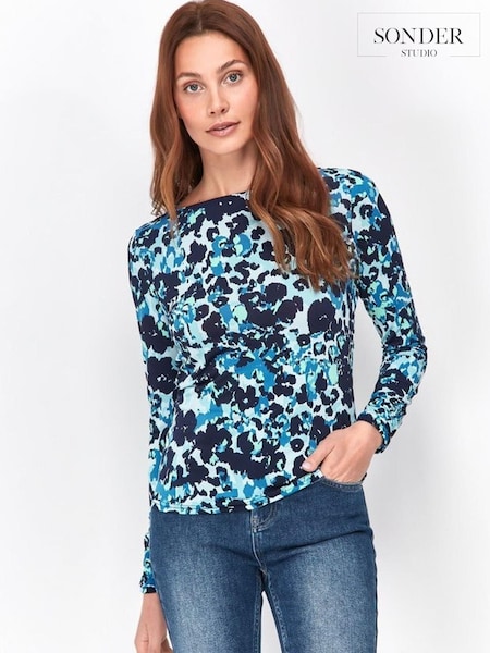 Sonder Studio Blue Blurred Floral Slash Neck Top (U47837) | 14 €