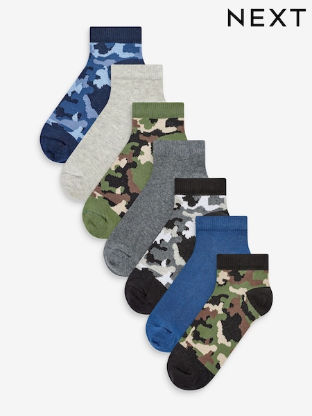 Khaki Green/Blue/Grey Camouflage 7 Pack Cotton Rich Trainer Socks (U50089) | AED28 - AED35
