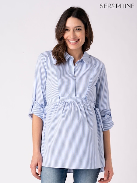 Seraphine Blue & White Pinstripe Tie Side Maternity to Nursing Shirt (U50432) | 307 LEI
