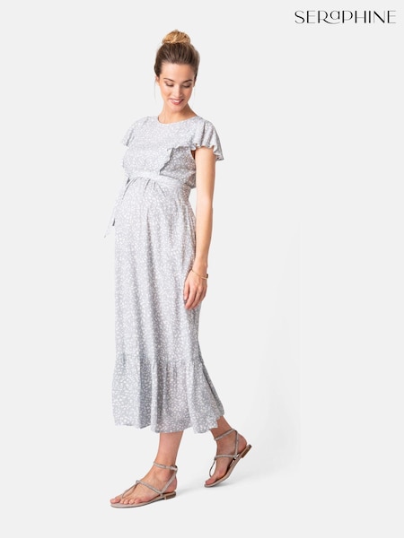 Seraphine Sage Grey/White Maternity And Nursing Midi Dress (U50442) | €50