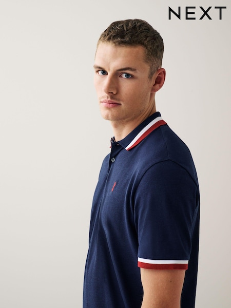 Navy Blue/Red Short Sleeve Tipped Regular Fit Polo Shirt (U51151) | LEI 87