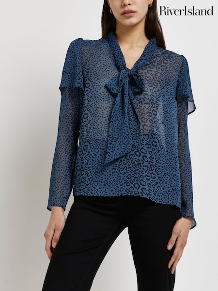 River Island Blue Pussybow Animal Chiffon Top (U52118) | €13