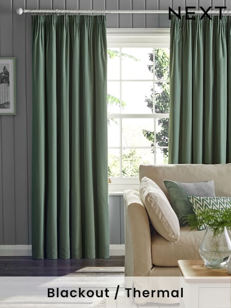 Green Sage Cotton Blackout/Thermal Pencil Pleat Curtains (U53174) | CA$99 - CA$260