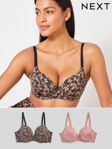 Black Ditsy Floral Print/Pink DD+ Light Pad Balcony T-Shirt Bra 2 Pack (U54217) | €14