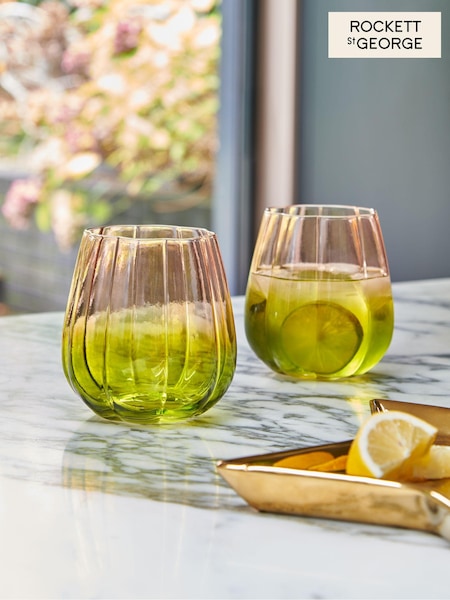 Rockett St George Green/Blush Pink Deco Flower Glass Set of 2 Tumbler Glasses (U54286) | €27