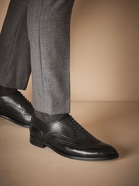 Black Wide Fit Signature Italian Leather Wing Cap Brogues (U55092) | AED173