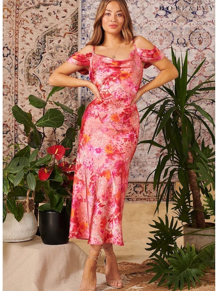 Hope And Ivy The Arianna Drop Shoulder Red Printed Satin Midaxi Dress (U55236) | €34