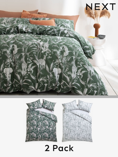 2 Pack Green/White Safari Reversible Duvet Covers and Pillowcases Set (U55373) | €34 - €75