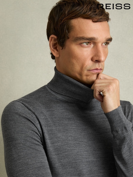 Reiss Mid Grey Melange Caine Slim Fit Merino Wool Roll Neck Jumper (U55387) | €72