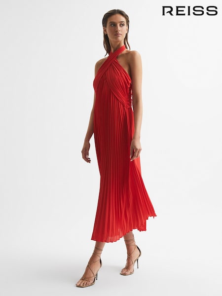 Reiss Roya Halter Neck Pleat Midi Dress (U55393) | R$ 2.450