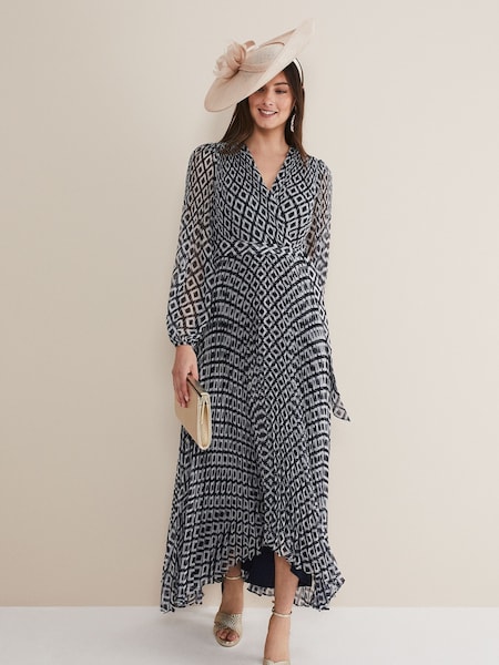 Phase Eight Blue Roxanna Pleated Diamond Maxi Dress (U55521) | €60