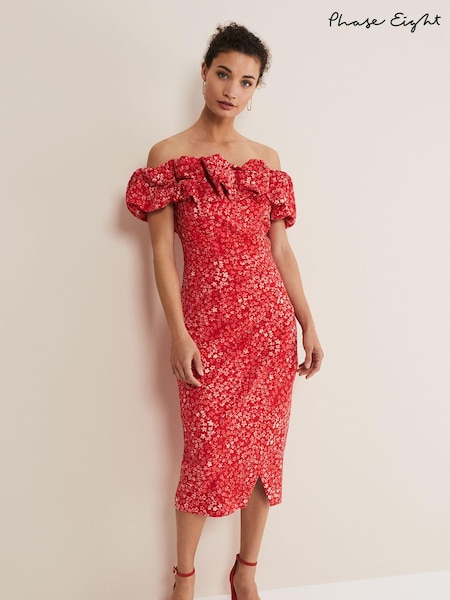 Phase Eight Red Senita Off Shoulder Ditsy Dress (U56415) | €79